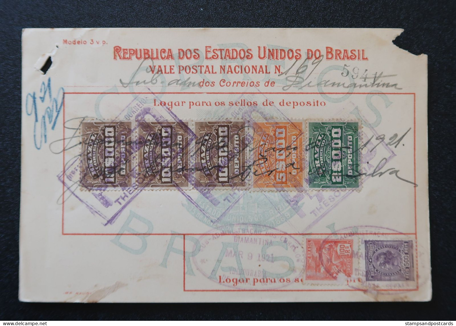 Brèsil Brasil Mandat Vale Postal 1921 Diamantina Minas Gerais Timbre Fiscal Deposito Brazil Money Order Revenue Stamp - Covers & Documents