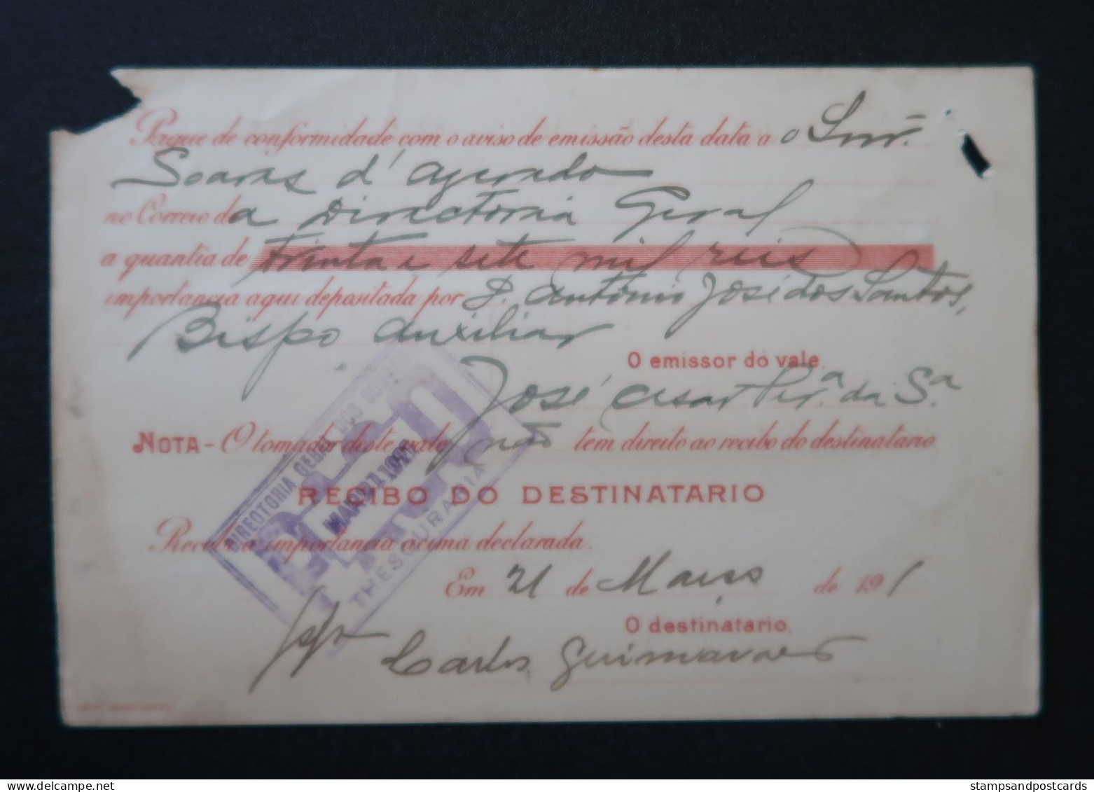 Brèsil Brasil Mandat Vale Postal 1921 Diamantina Minas Gerais Timbre Fiscal Deposito Brazil Money Order Revenue Stamp - Lettres & Documents