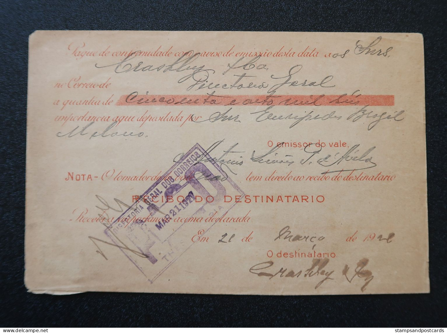 Brèsil Brasil Mandat Vale Postal 1921 Alegrete Rio Grande Do Sul Timbre Fiscal Deposito Brazil Money Order Revenue Stamp - Storia Postale
