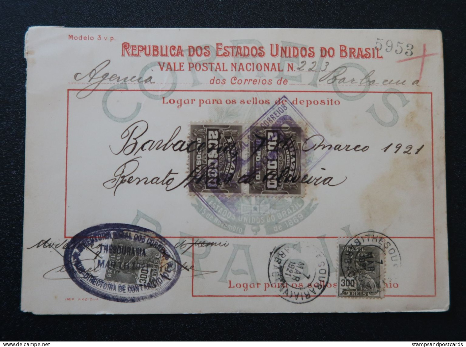 Brèsil Brasil Mandat Vale Postal 1921 Barbacena Minas Gerais Timbre Fiscal Deposito Brazil Money Order Revenue Stamp - Briefe U. Dokumente