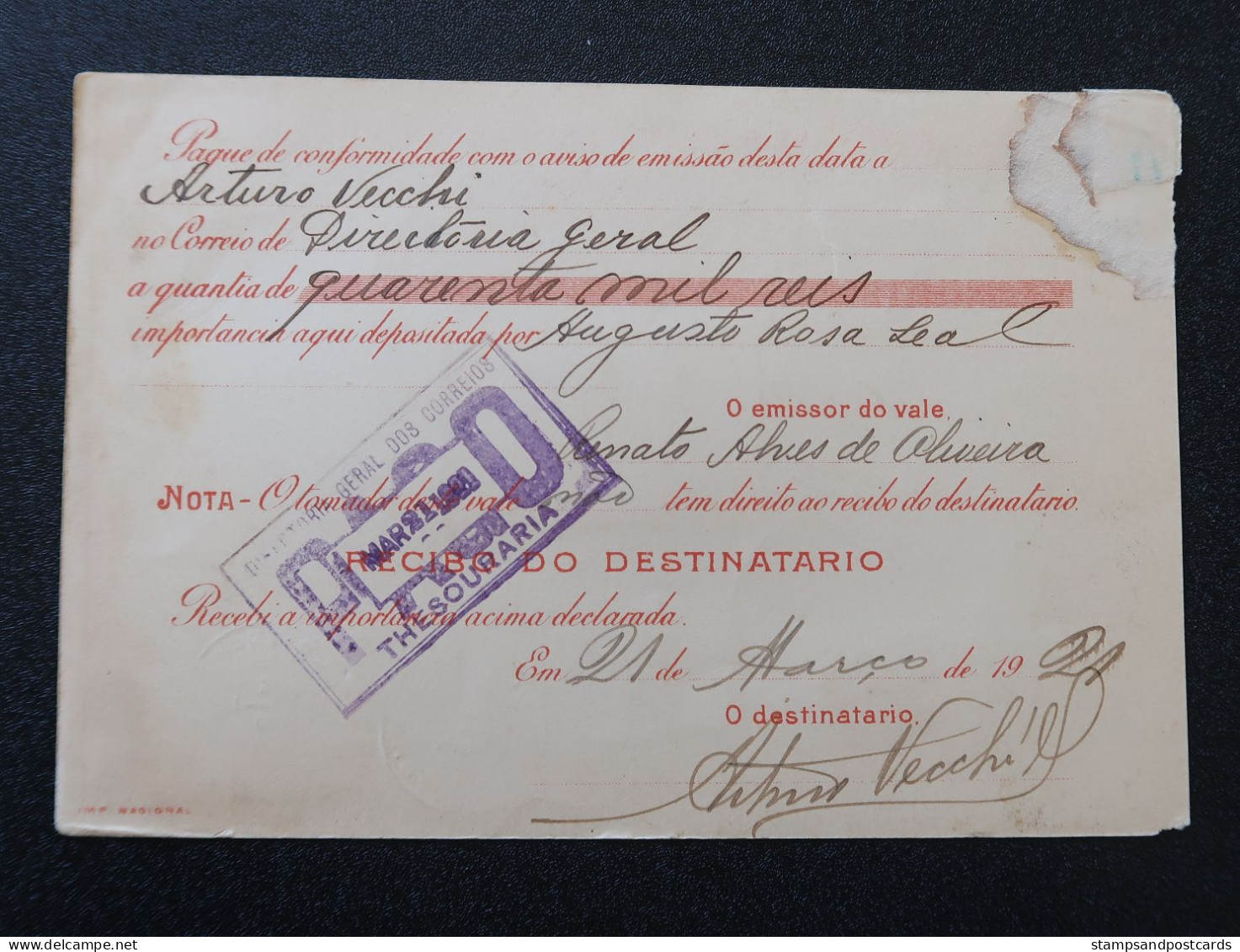 Brèsil Brasil Mandat Vale Postal 1921 Barbacena Minas Gerais Timbre Fiscal Deposito Brazil Money Order Revenue Stamp - Cartas & Documentos