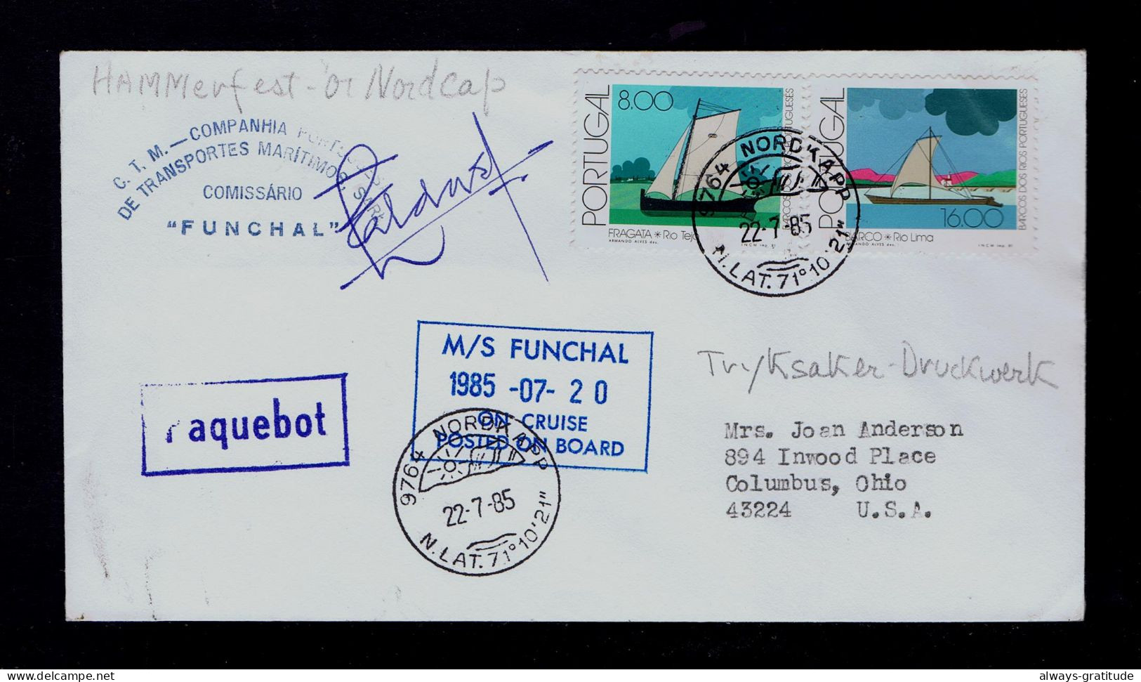 Sp10539 MADEIRA Island (FUNCHAL 1985 Posted On Board /cruise) Paquebot Portugal Mailed Ohio -US - Andere(Zee)