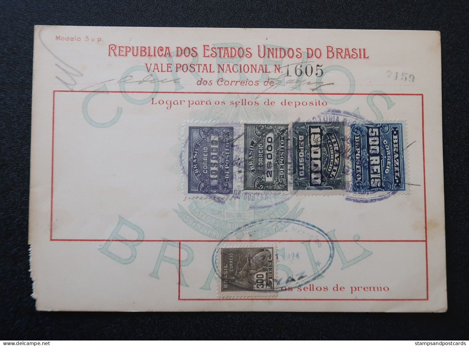 Brèsil Brasil Mandat Vale Postal 1924 Goiás Goyaz Timbre Fiscal Deposito Brazil Money Order Revenue Stamp - Brieven En Documenten