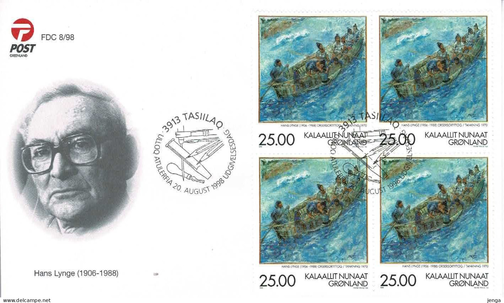 Greenland 1998; Hans Lynge - Painting; Block Of 4 On FDC. - FDC