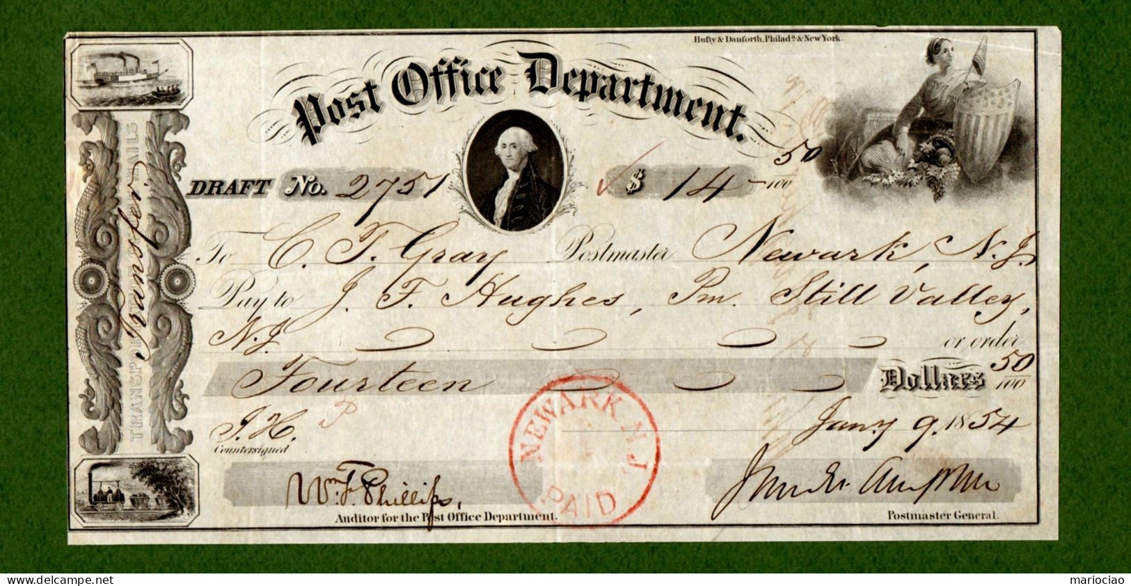 USA Draft Post Office Department NEWARK NJ 1854 Signed JM Campbell & WF Phillips EXTREMELY RARE - Sonstige & Ohne Zuordnung