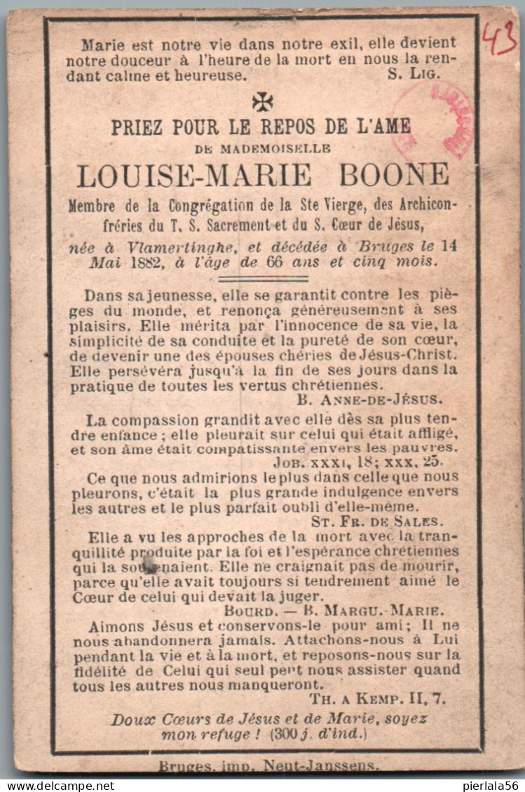 Bidprentje Vlamertinge - Boone Louise Marie (xxxx-1882) - Devotion Images