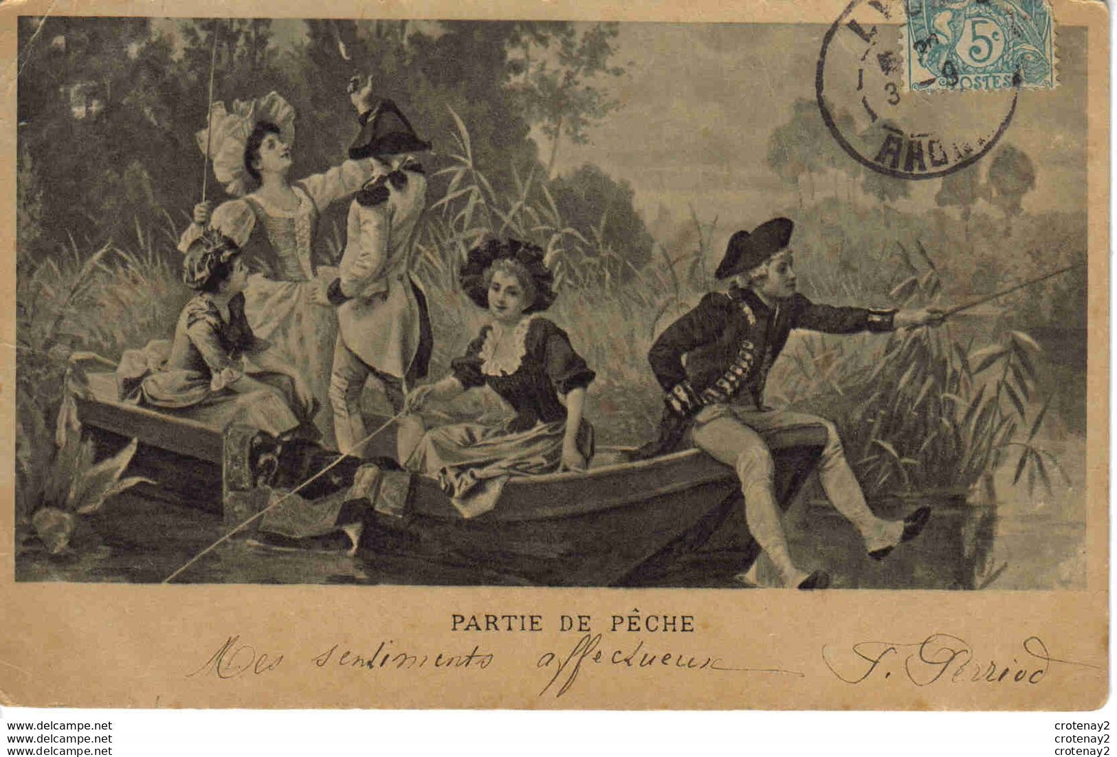 Carte Fantaisie Partie De Pêche Hommes Et Femmes En Costume Sur Une Barque VOIR DOS Non Séparé Vers 1905 Illustrateur ? - Frauen