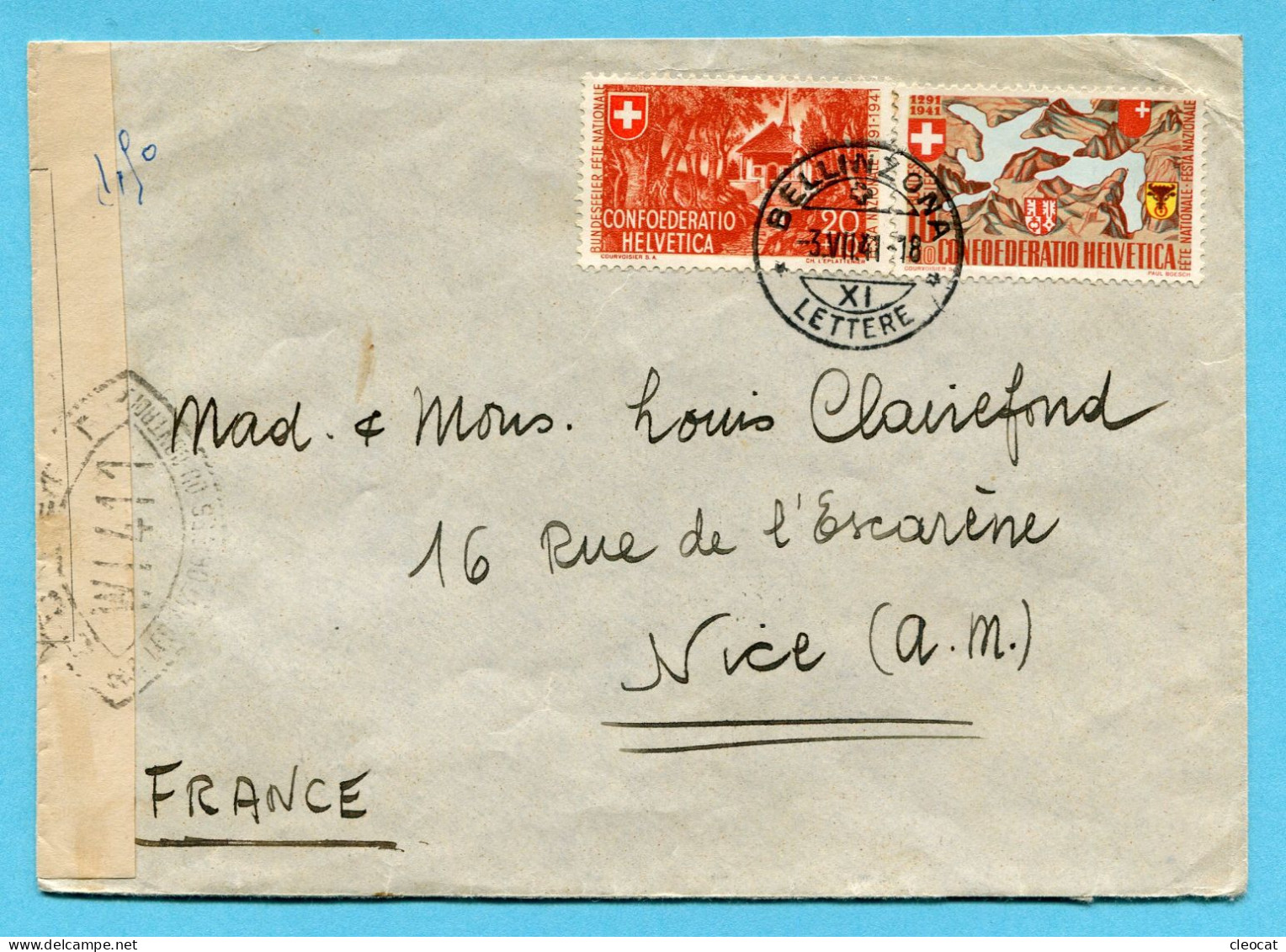 Zensurbrief Von Bellinzona Nach Nizza 1941 - Lettres & Documents