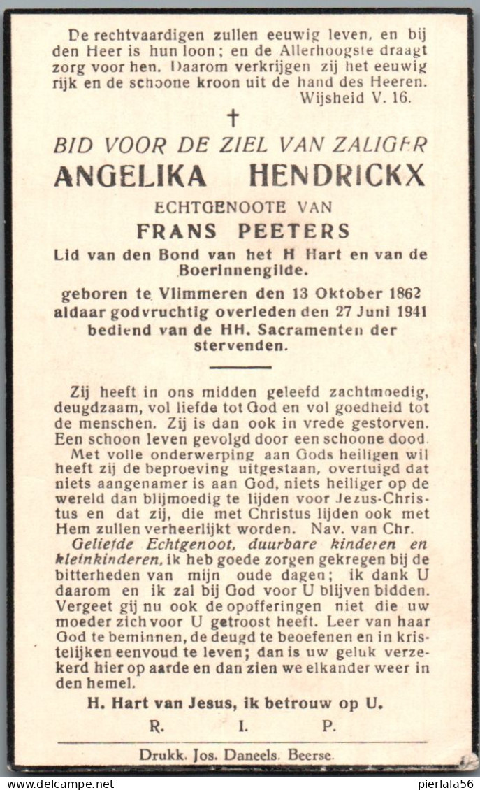 Bidprentje Vlimmeren - Hendrickx Angelika (1862-1941) - Devotion Images