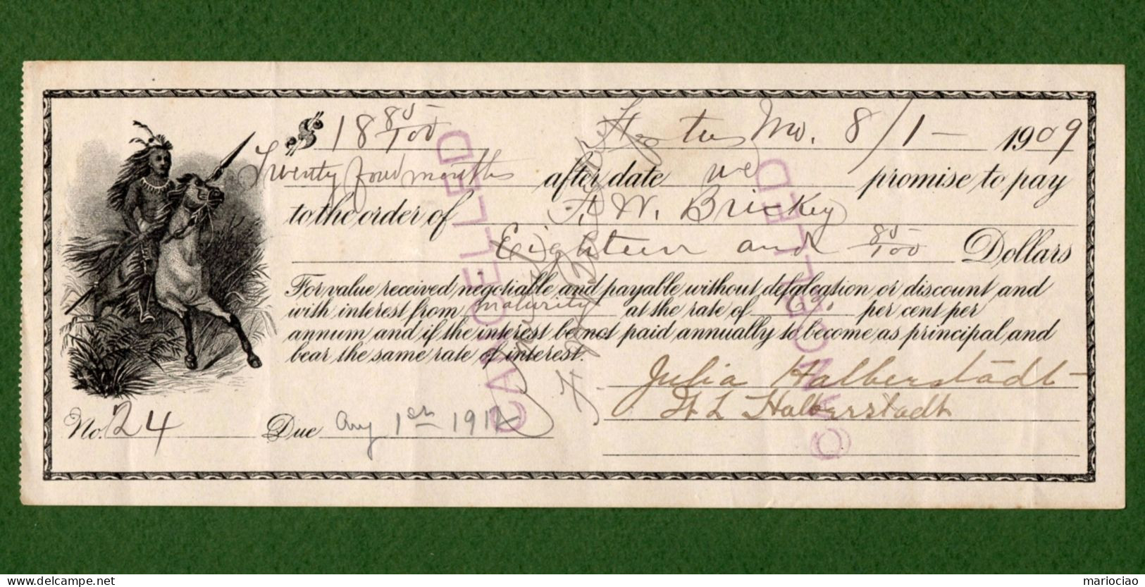 USA Promissory Note HORTON Missouri 1909 Indian Riding Horse - Other & Unclassified