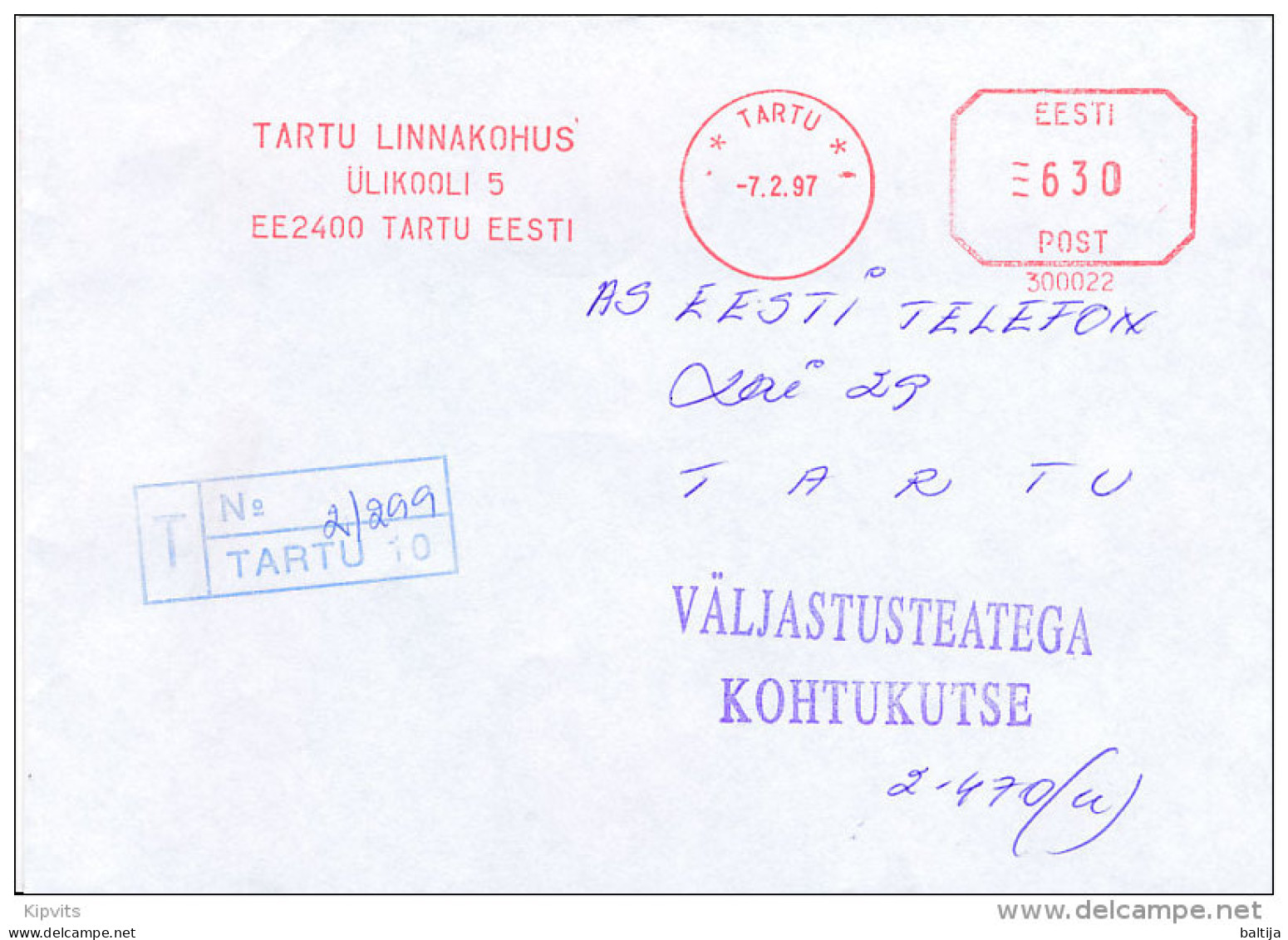 Registered Slogan Meter Cover / 300022 / Kohtukutse - 7 February 1997 Tartu - Estland