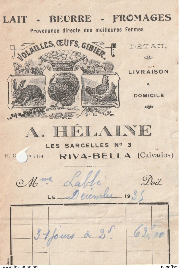 14-A.Hélaine..Lait-Beurre-Fromages, Volailles, Oeufs, Gibier..Riva-Bella...(Calvados)....1935 - Levensmiddelen