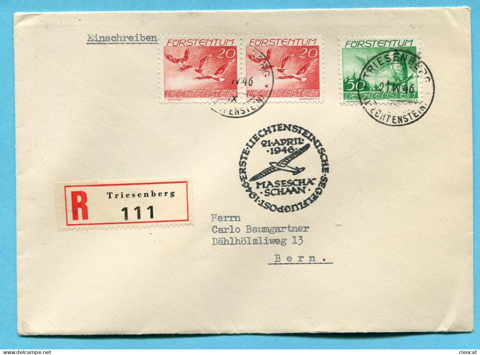 Brief Triesenberg - Erste Liechtensteinische Segelflugpost 1946 Masescha-Schaan - Luftpost