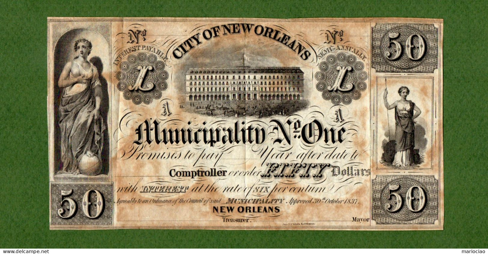 USA Note City Of New Orleans Municipality No. One 50 Dollars 1837 - Other & Unclassified
