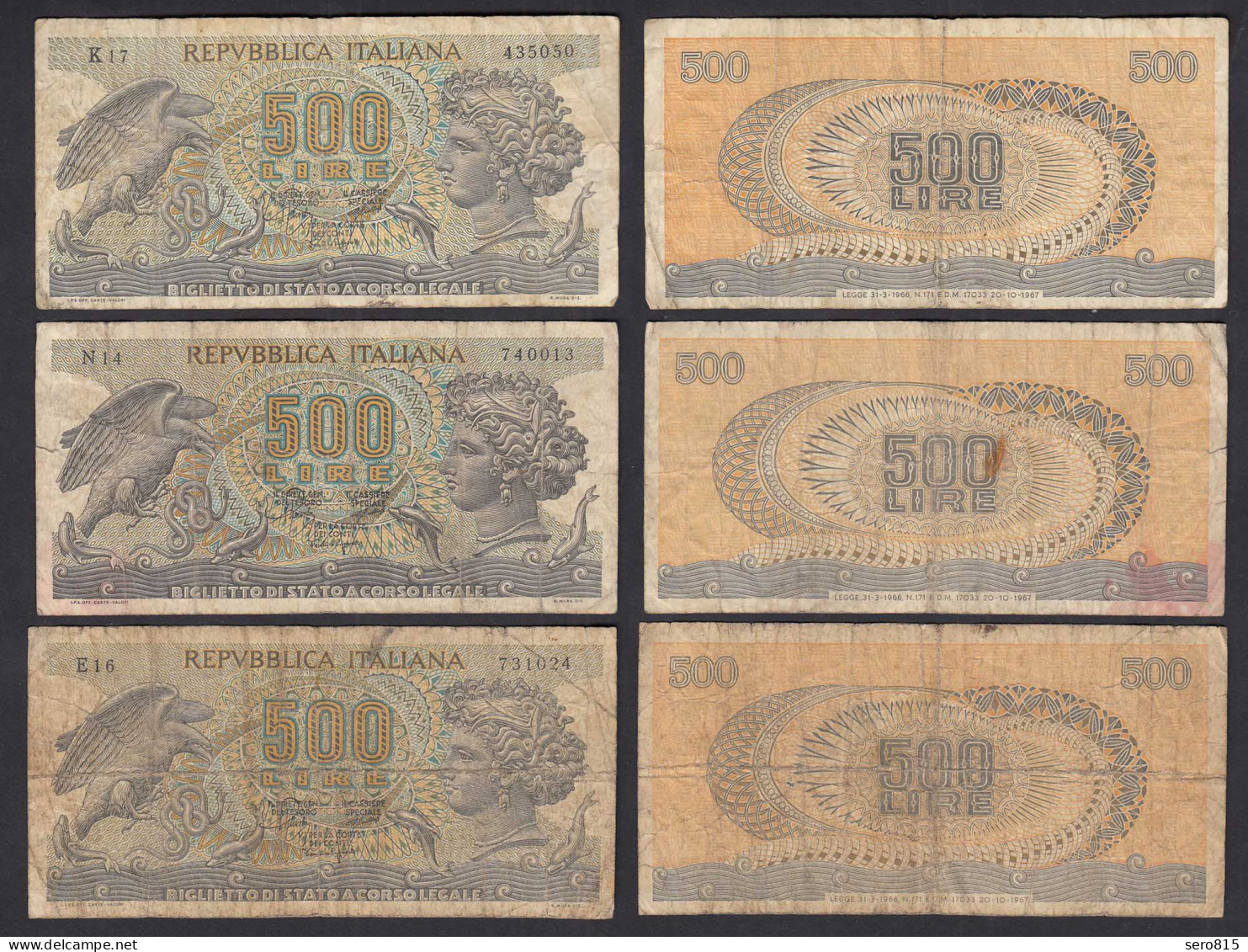 Italien - Italy 3 Stück á 500 Lire Banknote 1967 Pick 93a VG-F (4-5)    (32644 - Autres & Non Classés