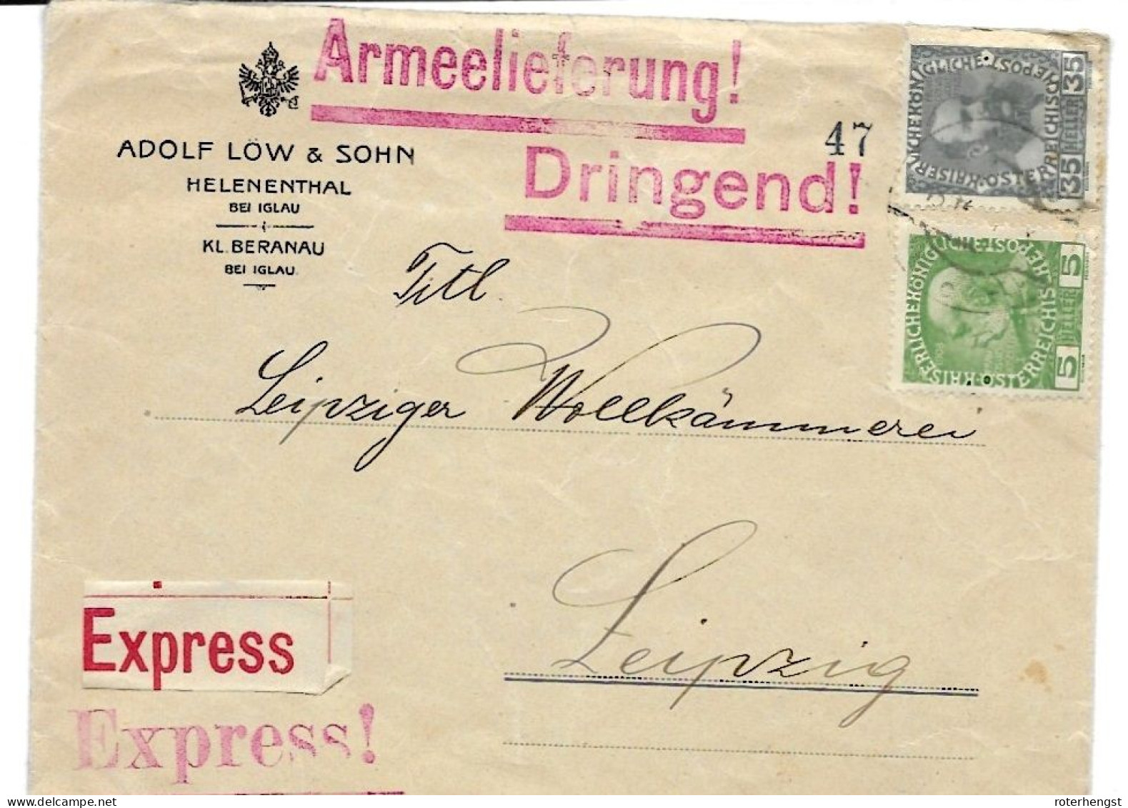 Austria Army Supplier (uniforms, Textile) Express Letter At Start Of WWI Iglau To Leipzig (arrival On Back 17.9.1914) - Lettres & Documents