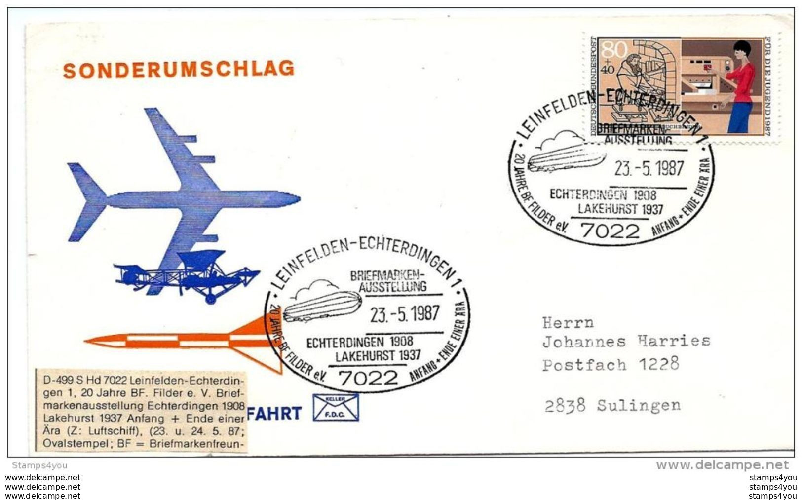 53 - 68 - Enveloppe Allemande Avec Oblit Spéciale  De Leinfelden 1987 - Echterdingen 1908 Lakehurst 1937" - Zeppelins