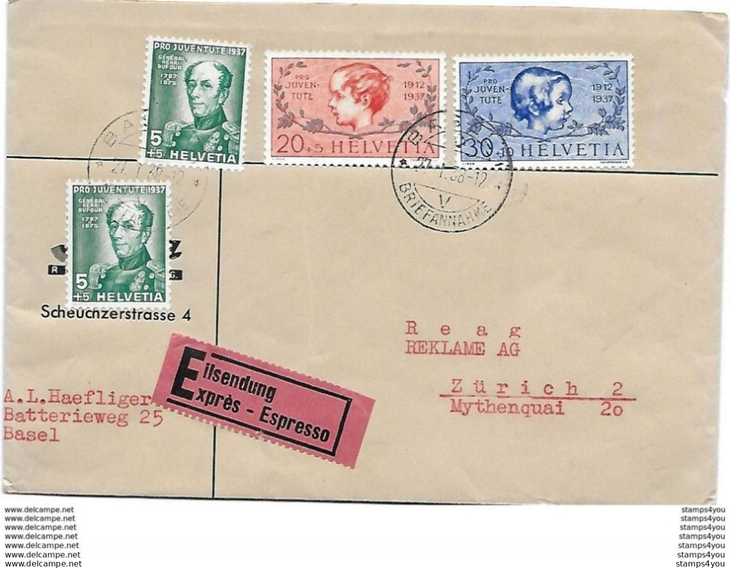 100 - 75 - Enveloppe Exprès Avec Timbres Pro Juventute 1937 - Lettres & Documents