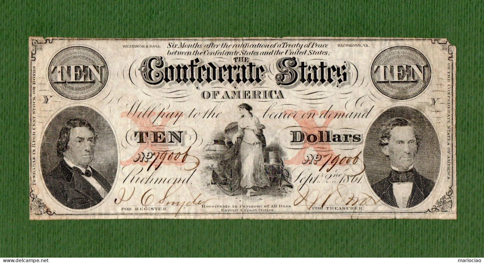 USA Note Civil War Confederate Note  $10 Richmond 1861 EXTREMELY RARE ! N.79006 - Divisa Confederada (1861-1864)