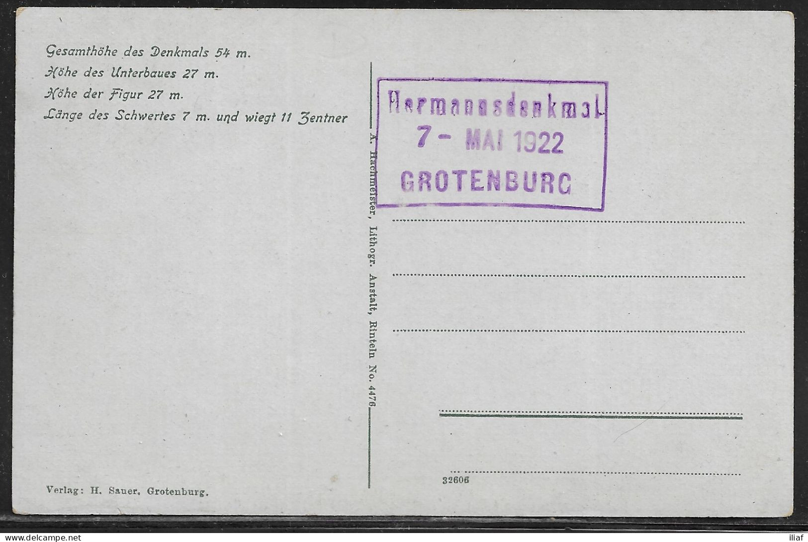 Germany. Teutoburger Wald. Hermanns Denkmal.  Illustrated View Posted Postcard - Detmold