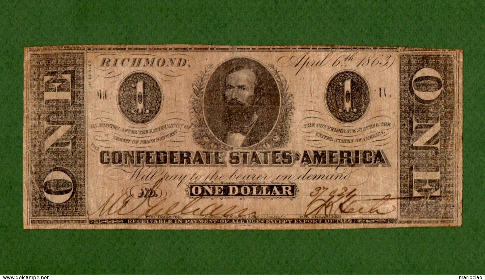 USA Note Civil War Confederate $1 Richmond April 6, 1863 N.37021 - Divisa Confederada (1861-1864)