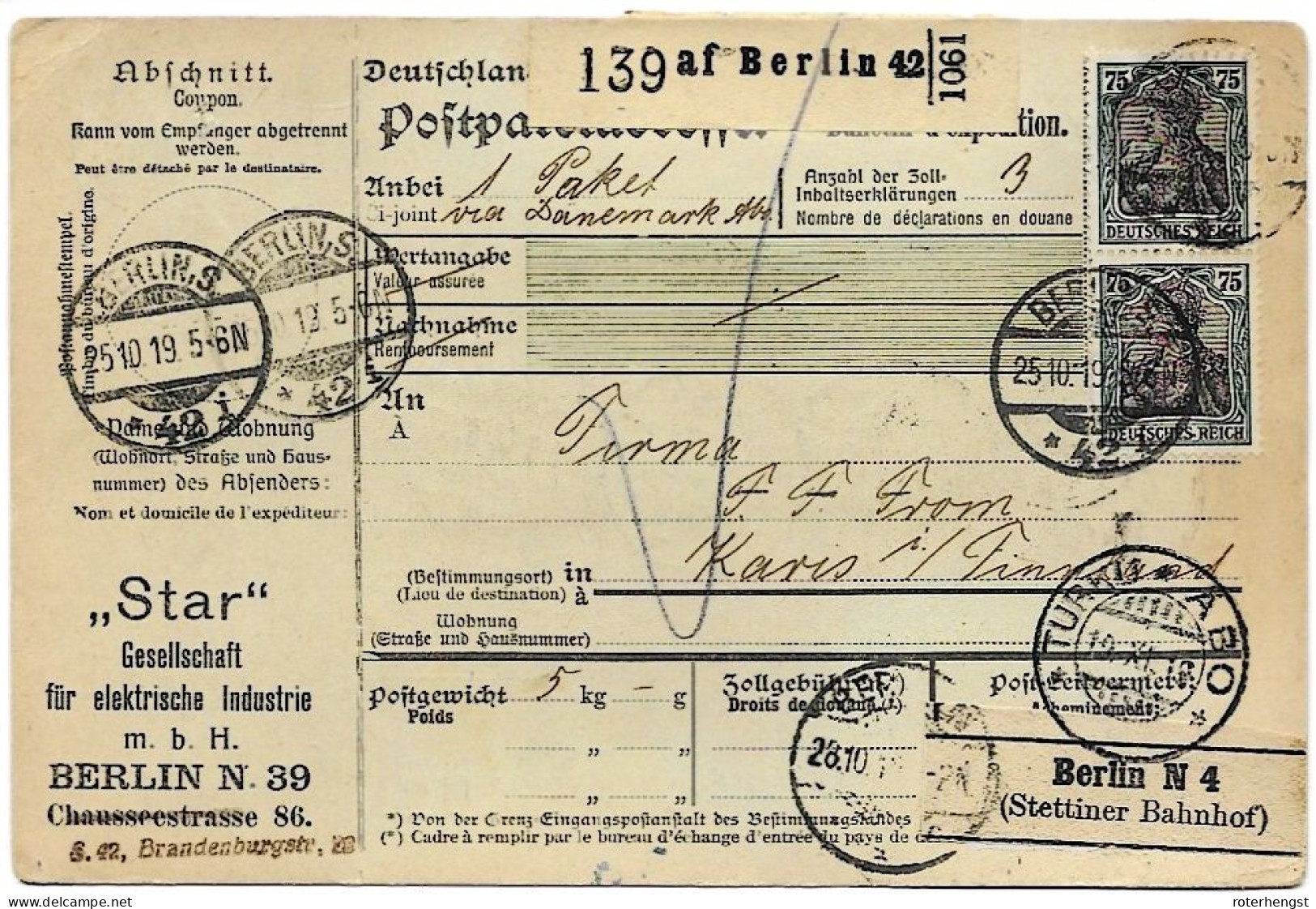 Berlin Paketkarte To Karis Finland October 1919 Via Stockholm - Covers & Documents