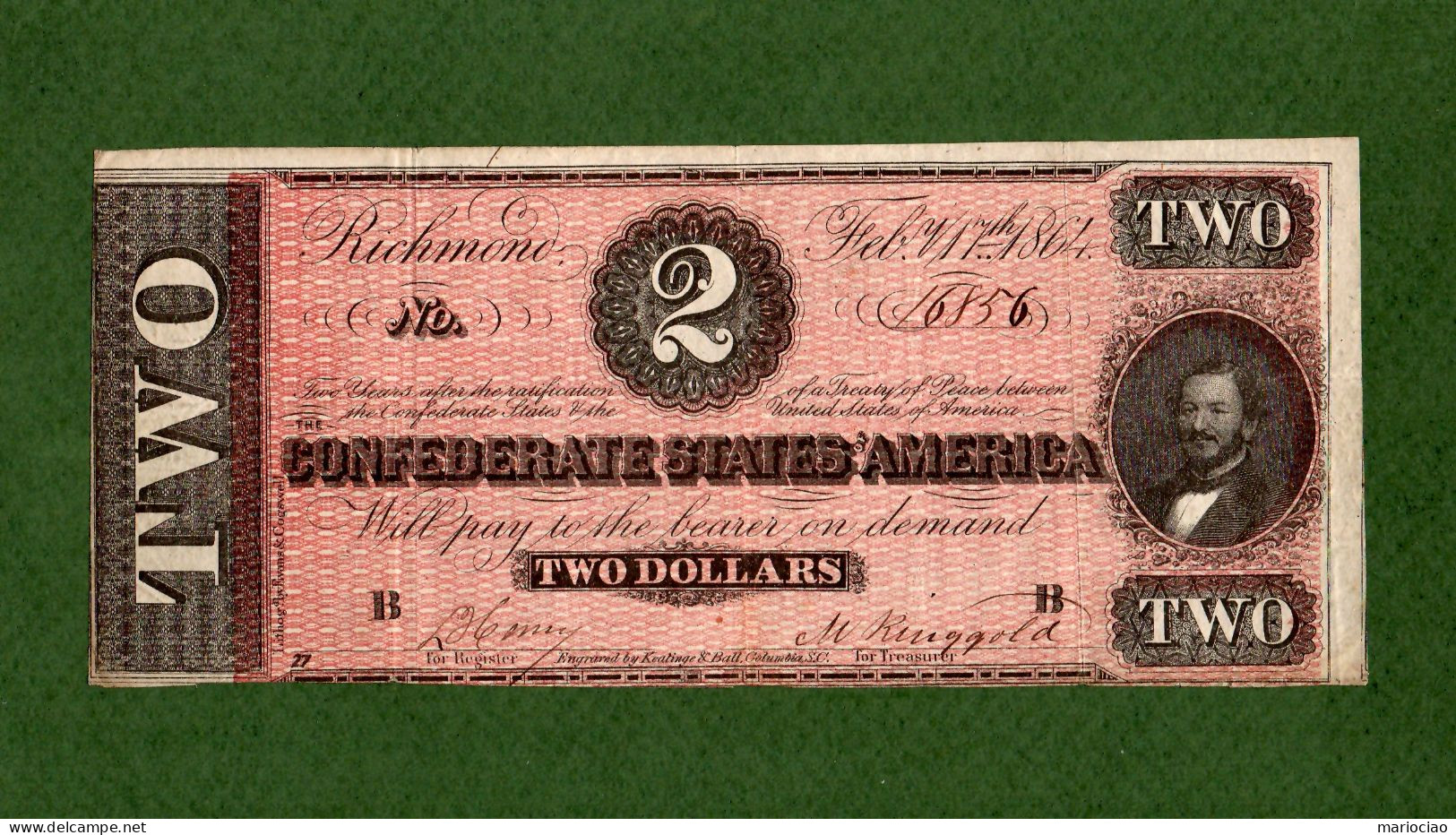 USA Note Civil War Confederate $2 Richmond Feb 17, 1864 N. 16856 - Confederate (1861-1864)