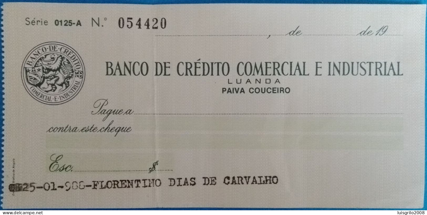 Angola, Portugal, Cheque - Banco De Crédito Comercial E Industrial. Luanda, Paiva Couceiro - Cheques & Traverler's Cheques