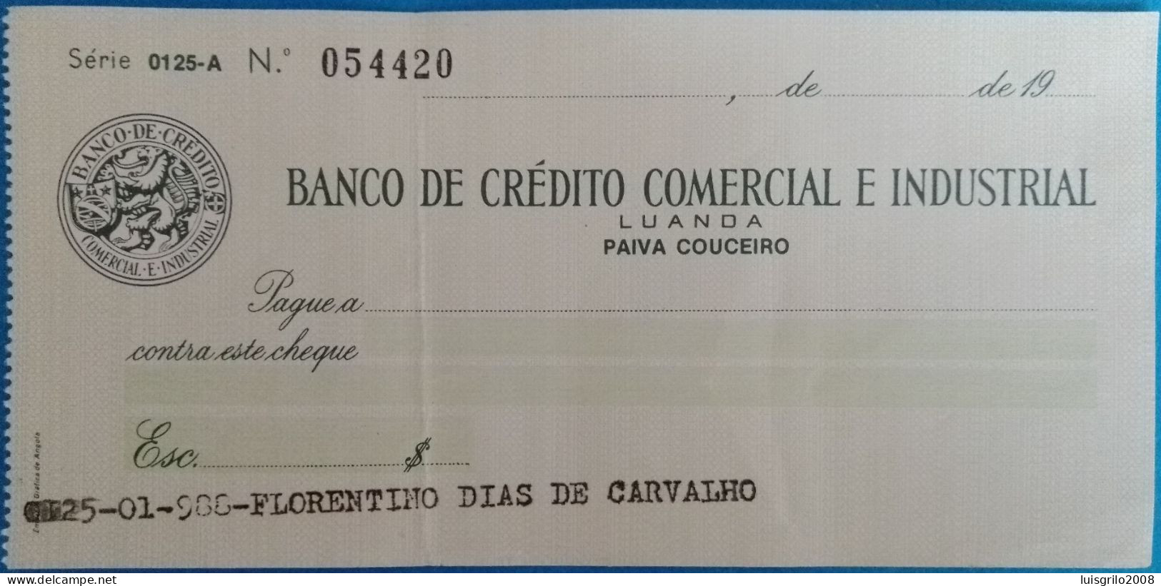 Angola, Portugal, Cheque - Banco De Crédito Comercial E Industrial. Luanda, Paiva Couceiro - Chèques & Chèques De Voyage