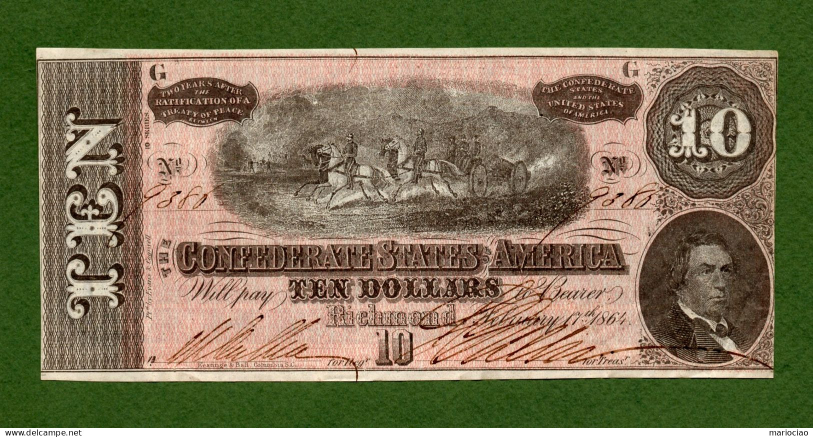 USA Note Civil War Confederate Note $10 Richmond February 17, 1864 N.9386 - Confederate (1861-1864)