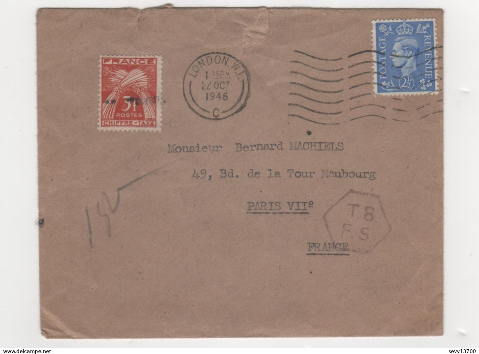 Enveloppe Avec Timbre 2 1/2 Roi Georges, 22 Octobre 1946 Et Timbre Taxe Français De 3 F - Storia Postale