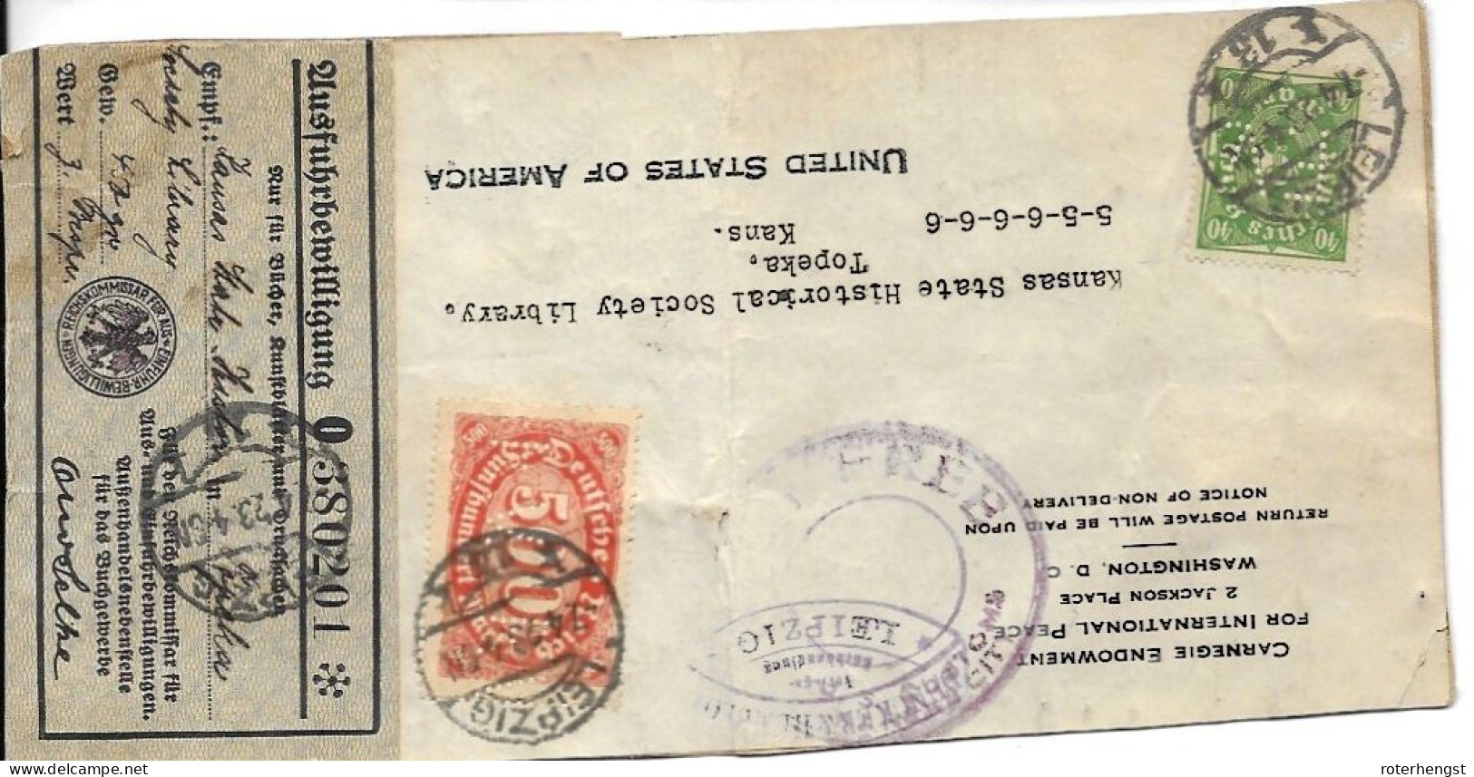 Germany Infla Folded Card With Export License From Leipzig To USA FV Perfins 7.4.1923 - Briefe U. Dokumente