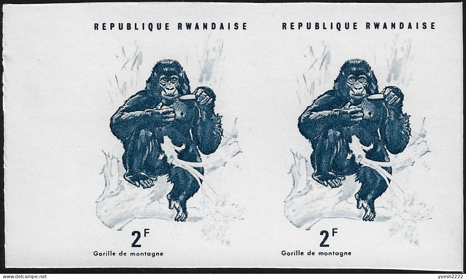 Rwanda 1970 Y&T 375. 7 essais de couleurs offset en paires, procédé inhabituel. Gorille des montagnes et banane