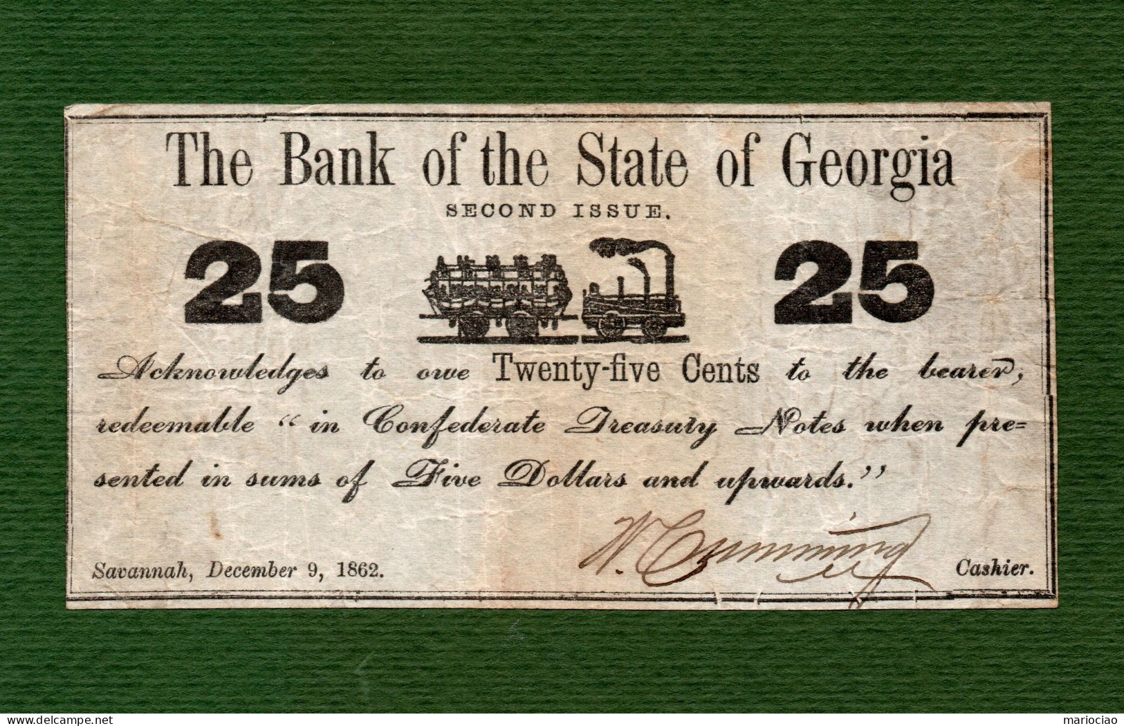 USA Note Civil War CONFEDERATE The Bank Of The State Of Georgia 25 CENT Savannah 1862 - Divisa Confederada (1861-1864)