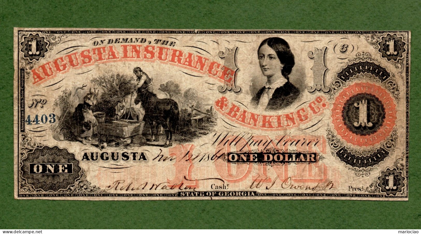 USA Note CIVIL WAR ERA  Augusta Insurance & Banking GEORGIA 1861 $1 Lucy Pickens N. 4403 - Divisa Confederada (1861-1864)