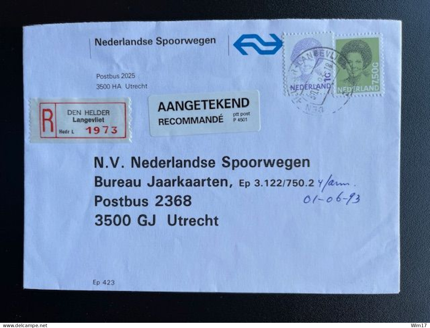 NETHERLANDS 1993 REGISTERED LETTER DEN HELDER LANGEVLIET TO UTRECHT 30-06-1993 NEDERLAND AANGETEKEND - Cartas & Documentos
