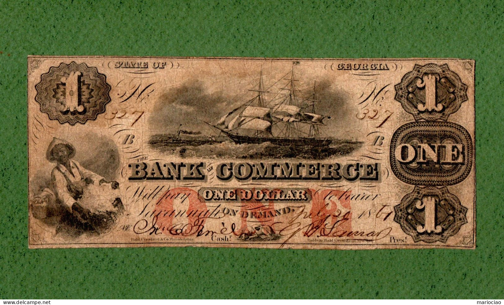 USA Note CIVIL WAR ERA The Bank Of Commerce $1 Savannah, Georgia 1861 SLAVE N. 327 - Confederate Currency (1861-1864)