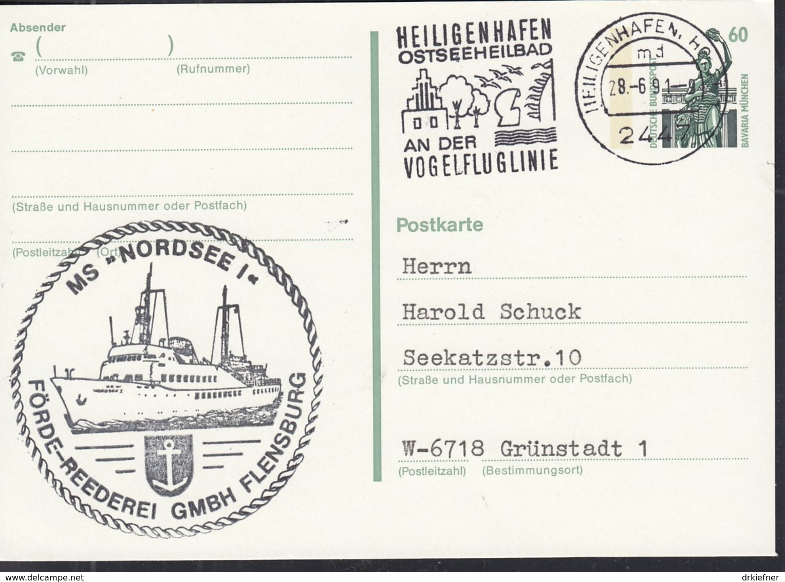 Deutsche SCHIFFSPOST MS "Nordsee I", Förde-Reederei Flensburg, Heiligenhafen 28.6.1991 Auf PK P 141 - Marittimi