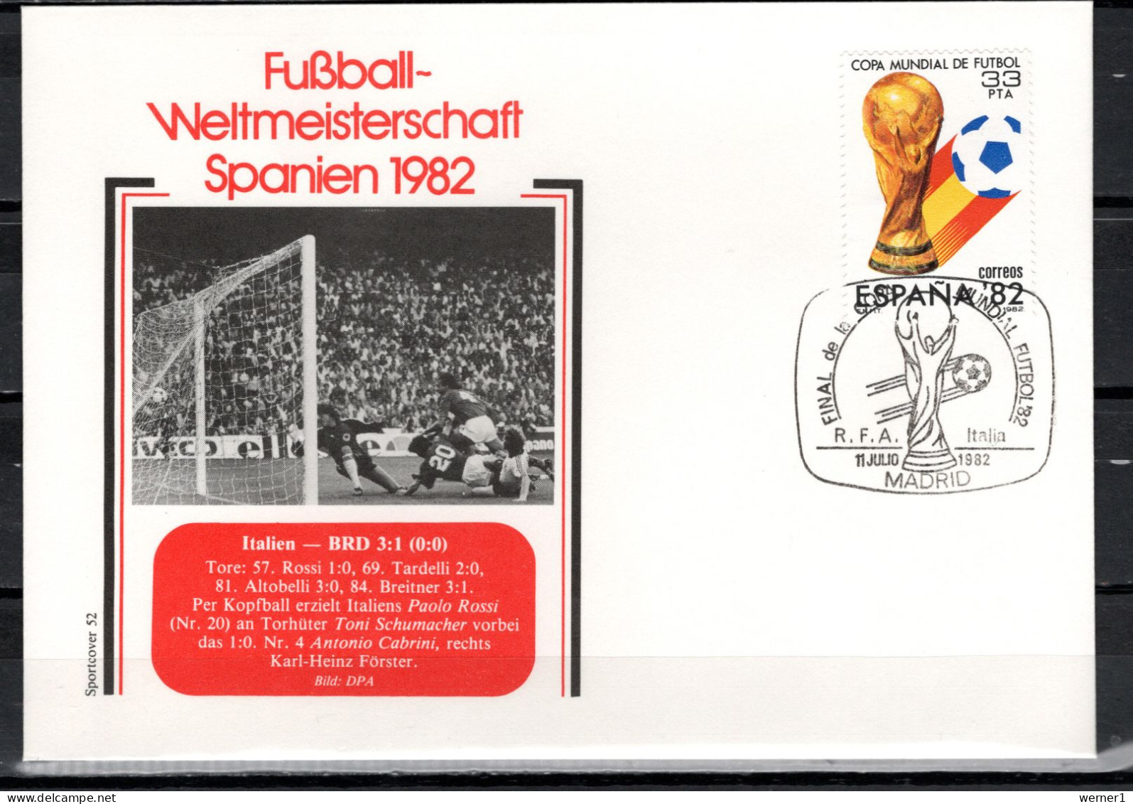 Spain 1982 Football Soccer World Cup Commemorative Cover Match Italy - Germany 3:1 - 1982 – Espagne