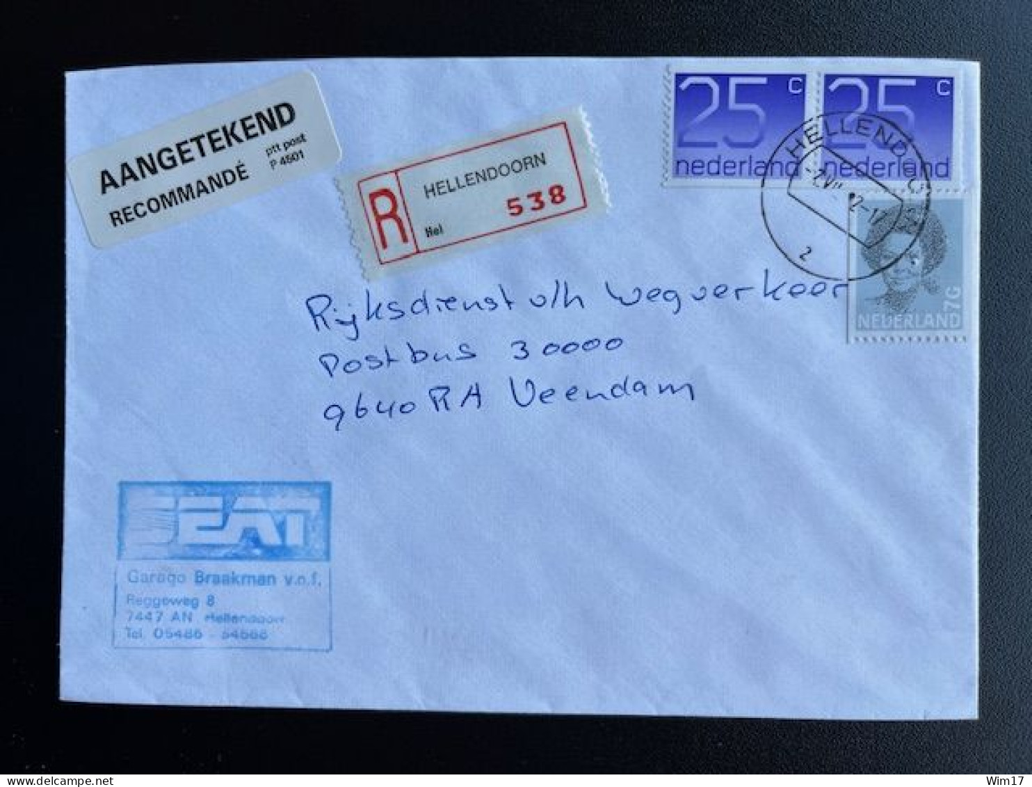 NETHERLANDS 1992 REGISTERED LETTER HELLENDOORN TO VEENDAM 02-07-1992 NEDERLAND AANGETEKEND - Lettres & Documents