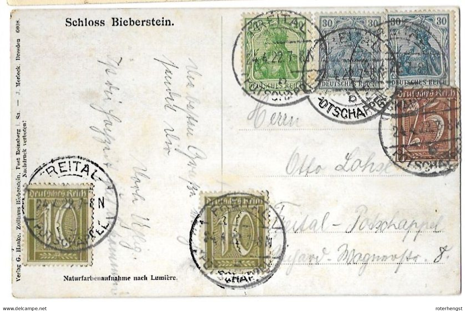 Germany Freital 24.4.1922 Mixed Franking Postcard Bieberstein Castle (30Pfg Two Different Colours) - Covers & Documents