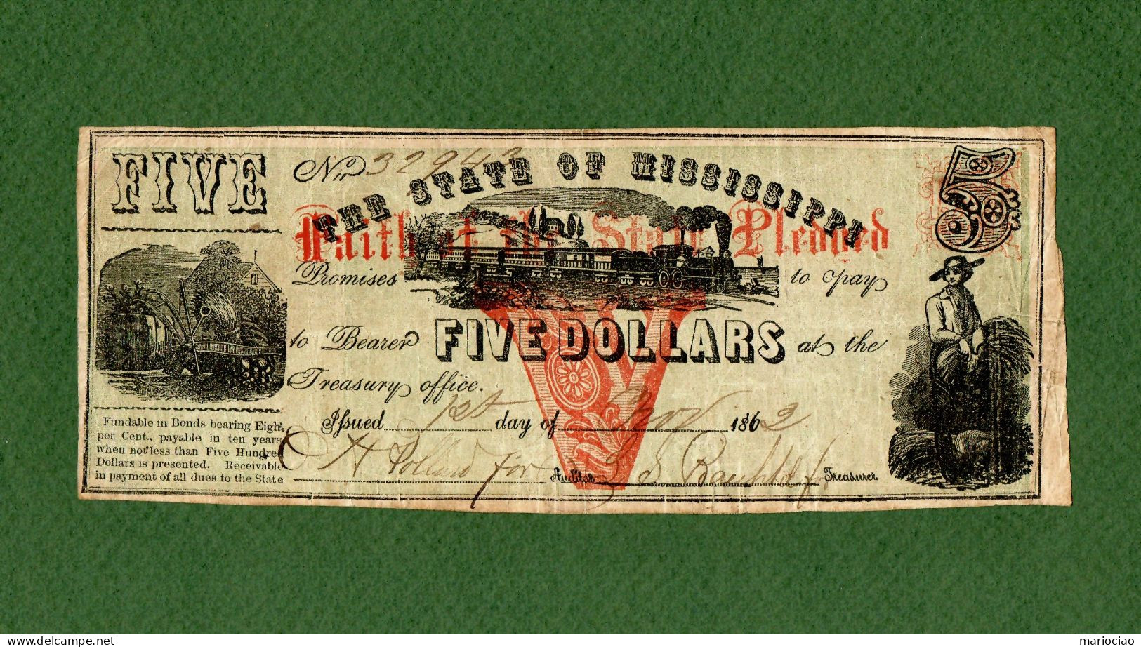 USA Note CIVIL WAR ERA The State Of Mississippi 1862 $5 N.32943 - Confederate Currency (1861-1864)