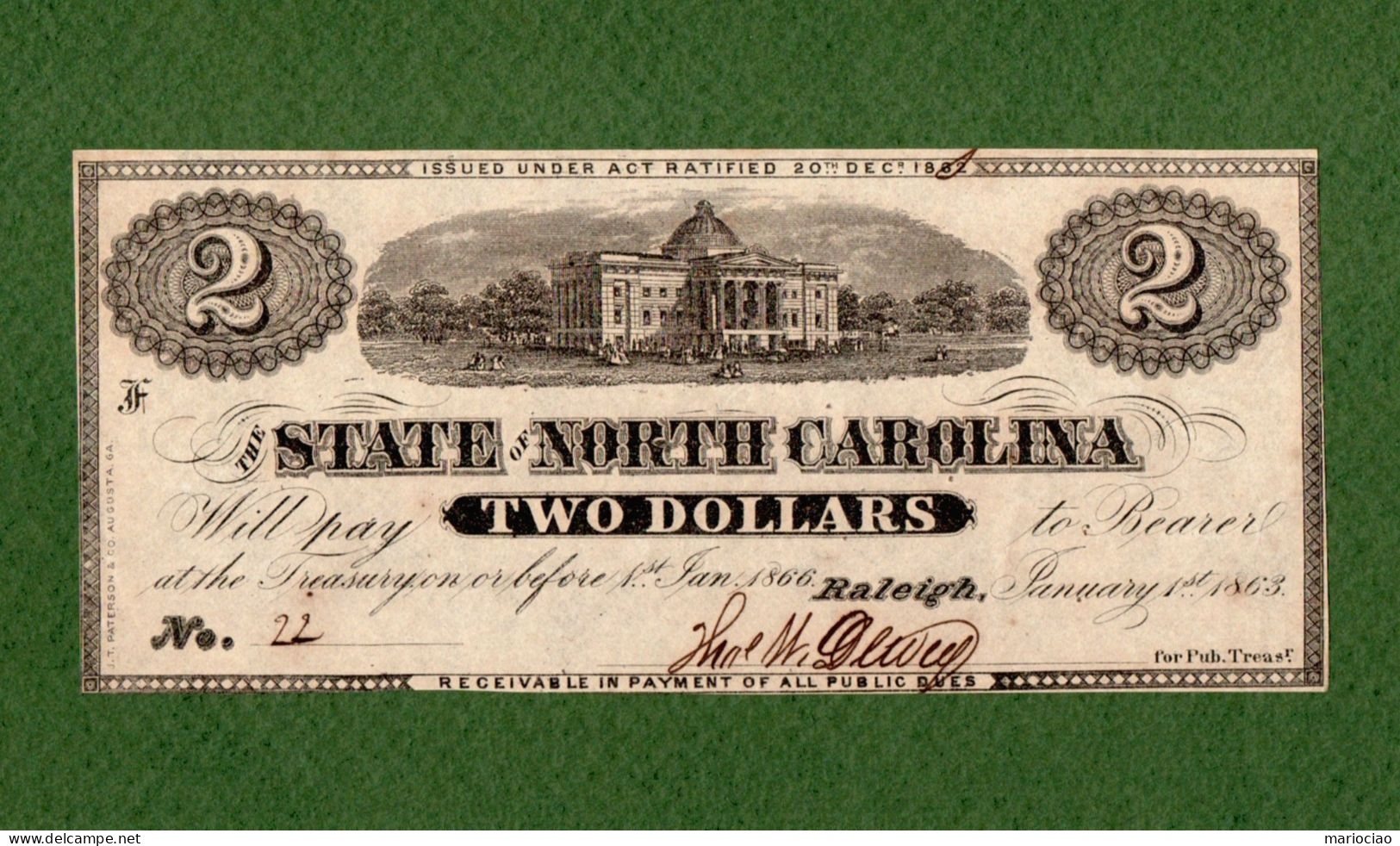 USA Note CIVIL WAR ERA The State Of North Carolina $2 Raleigh 1863 Low Number 22 - Confederate Currency (1861-1864)