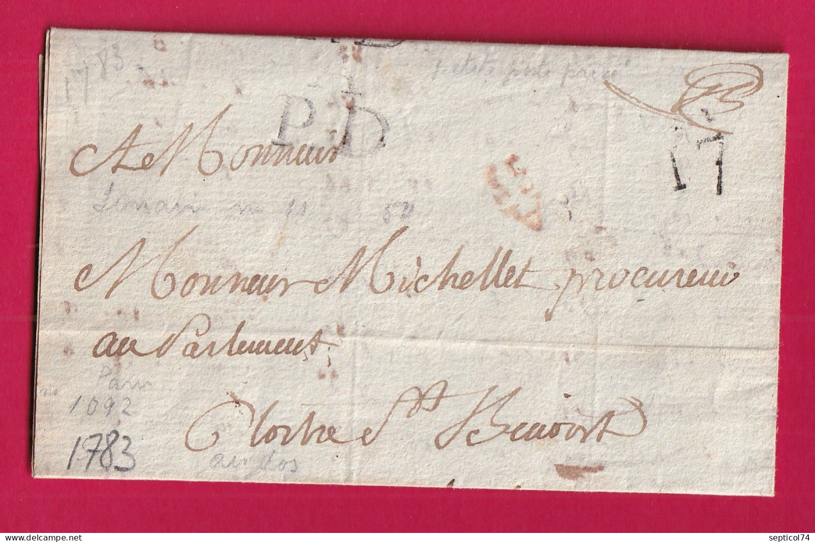 PETITE POSTE DE PARIS BPD LEVEE BOITIER 1783 QUANTIEME CACHET FACTEUR AU DOS A12 BOITIER A35 LETTRE - 1701-1800: Precursors XVIII