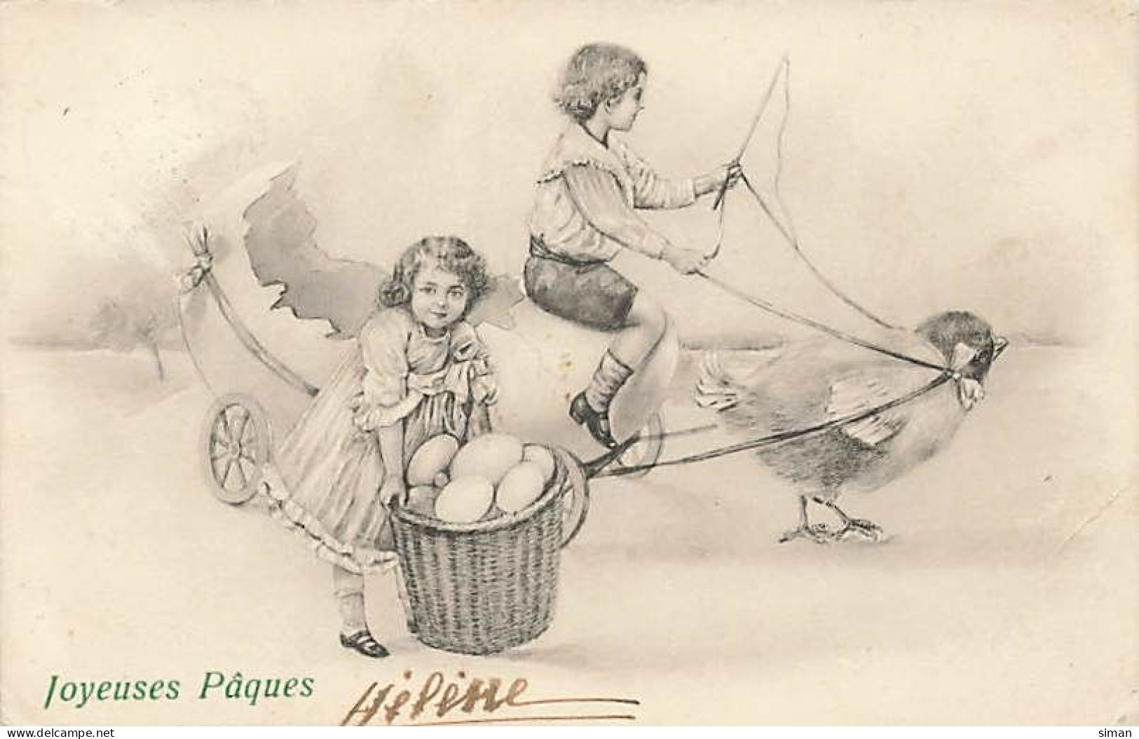N°24978 - Joyeuses Pâques - Enfants Transportant Un Panier Rempli D'oeufs à L'aide D'un Poussin - Pâques