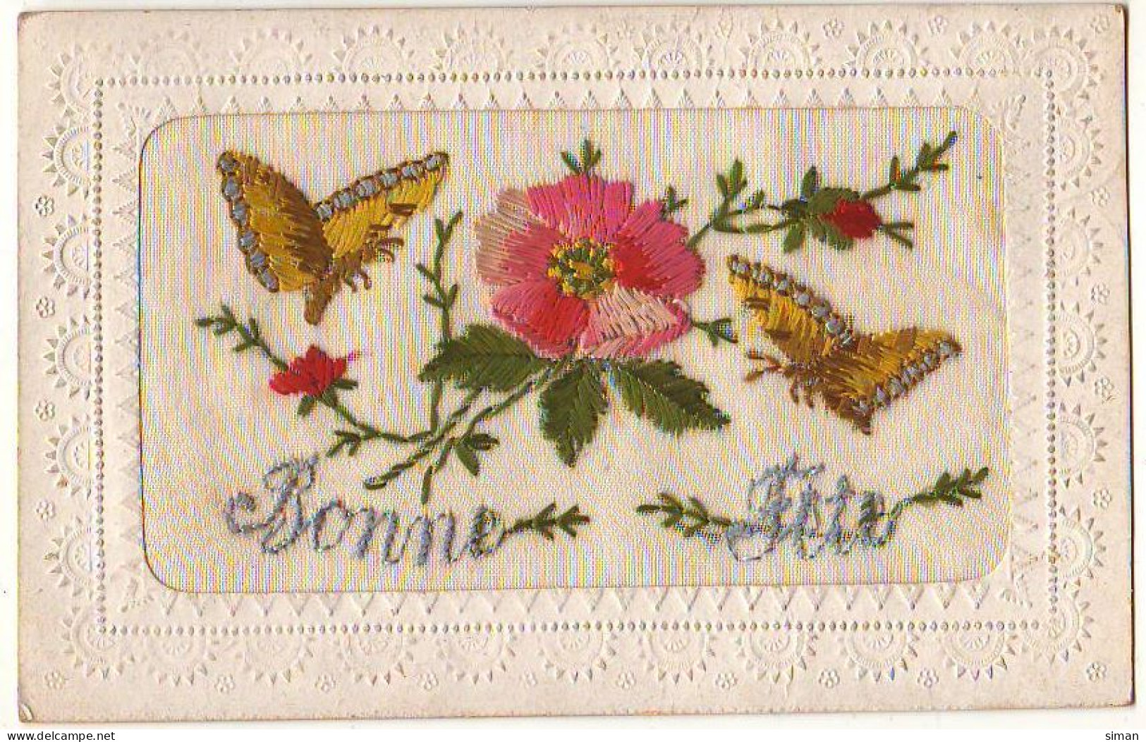 N°24952 - Carte Brodée - Bonne Fête - Papillons Autour D'une Rose - Embroidered