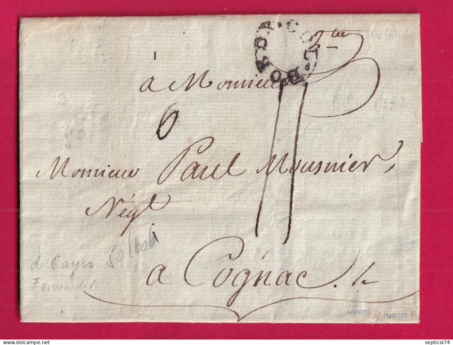 MARQUE BORDEAUX COLONIE RONDE LETTRE DE CAYES HAITI ST DOMINGUE 1777 SIGNATURE CAPITAINE BATEAUX AU DOS COGNAC LETTRE - 1701-1800: Précurseurs XVIII