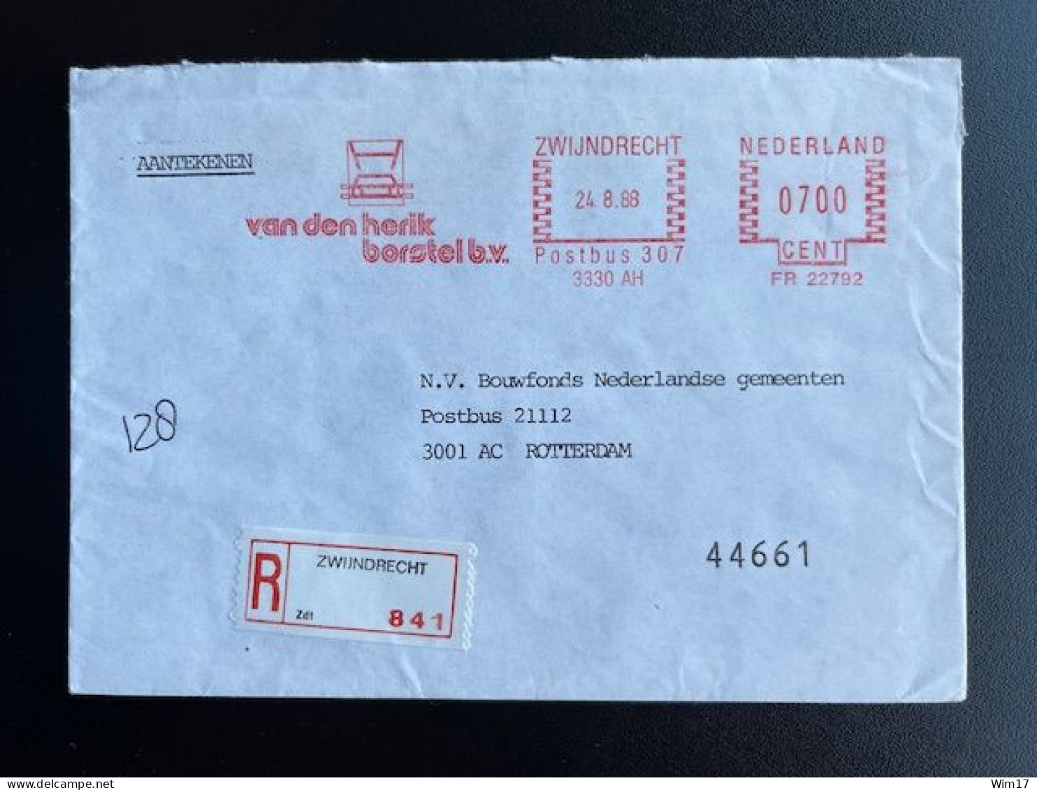 NETHERLANDS 1988 REGISTERED LETTER ZWIJNDRECHT TO ROTTERDAM 24-08-1988 NEDERLAND AANGETEKEND - Lettres & Documents