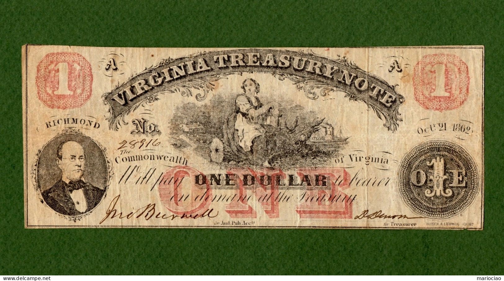 USA Note CIVIL WAR ERA VIRGINIA TREASURY NOTE $1 Richmond 1862 N. 28916 - Valuta Della Confederazione (1861-1864)