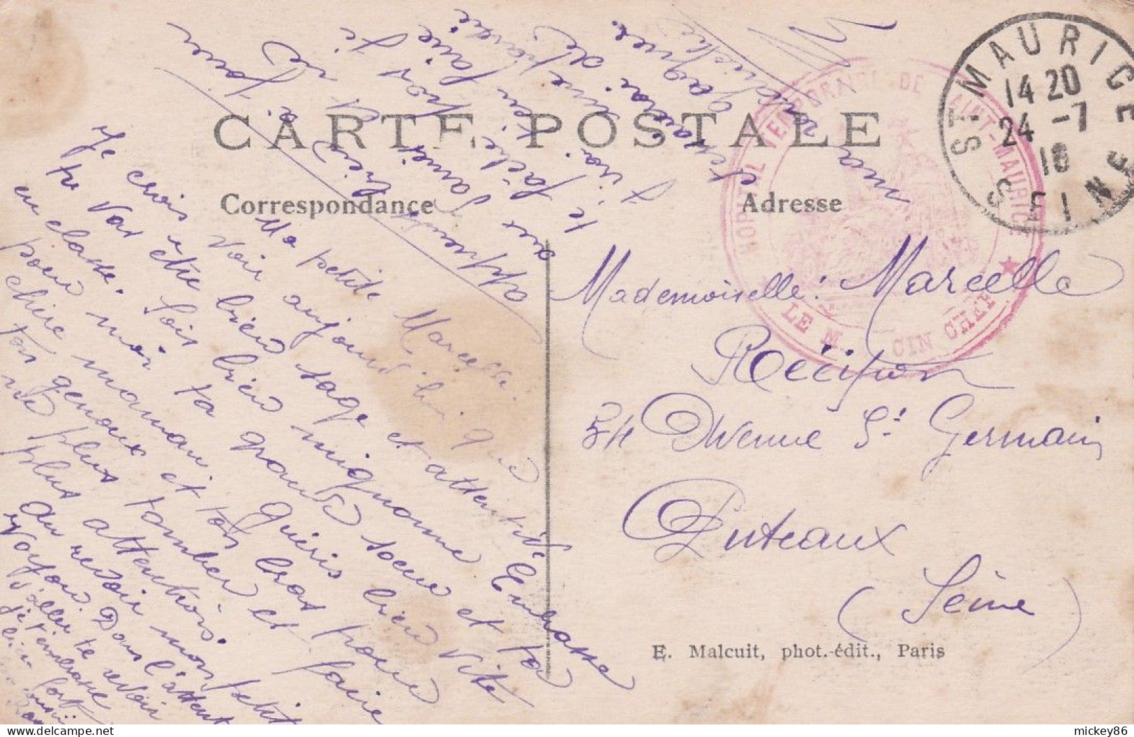 PARIS 12°--1916--Bois De Vincennes --Lac Daumesnil--Le Pont Des Iles --cachet  St MAURICE - Arrondissement: 12